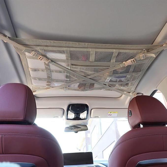1 Pack Car Ceiling Cargo Net Fit for Subaru Forester 2019-2023, 2024, 2025, 2026 Roof Storage Organizer Heavy Duty Overhead Mesh Bag Polyester Double-Layer Zipper Design,Beige