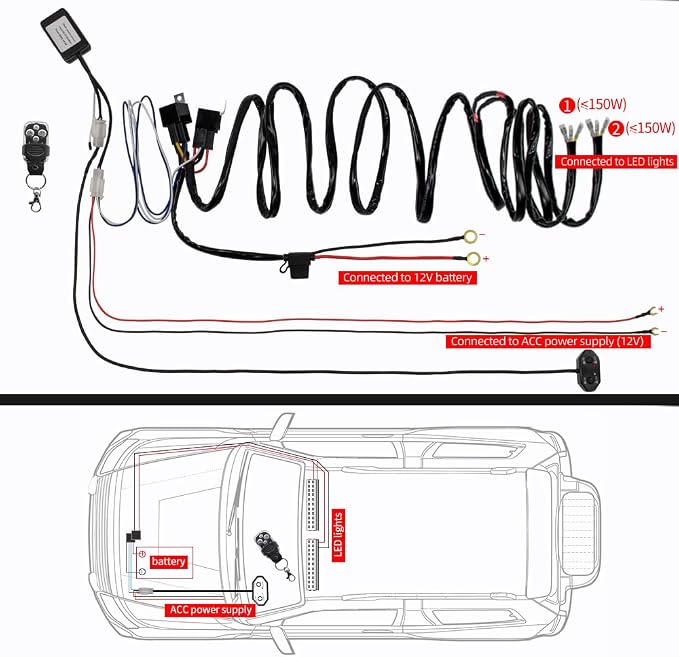 Double Color/High Low Beam 2 Lead Wiring Harness Kit with Remote Control DC12V 40A LED Lights Wiring Harness Switch Relay 14AWG Core Cable Harness fit for Work Lights Driving Lights Bar