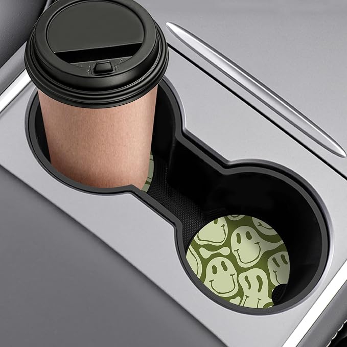 Car Coasters,Purple Smily Absorbent 2 Pack for Cup Holders with Finger Notch,2.56 inches Ceramics Heat Resistant Anti Slip Cork Base Car Drinks Coasters Auto Cup Holder(Green Smily)