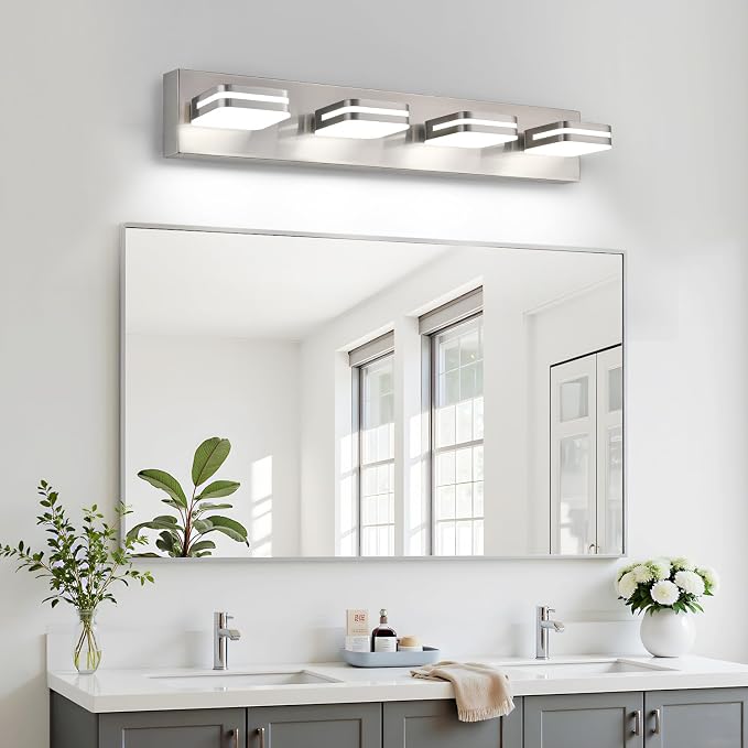 Torondo 360° Rotate LED Bathroom Vanity Light Fixtures, Acrylic Vanity Lights for Bathroom, Modern Wall Lighting Fixtures Over Mirror Living, Brushed Nickel, 100%-0% Natural White, 4-Light, 27-Inch
