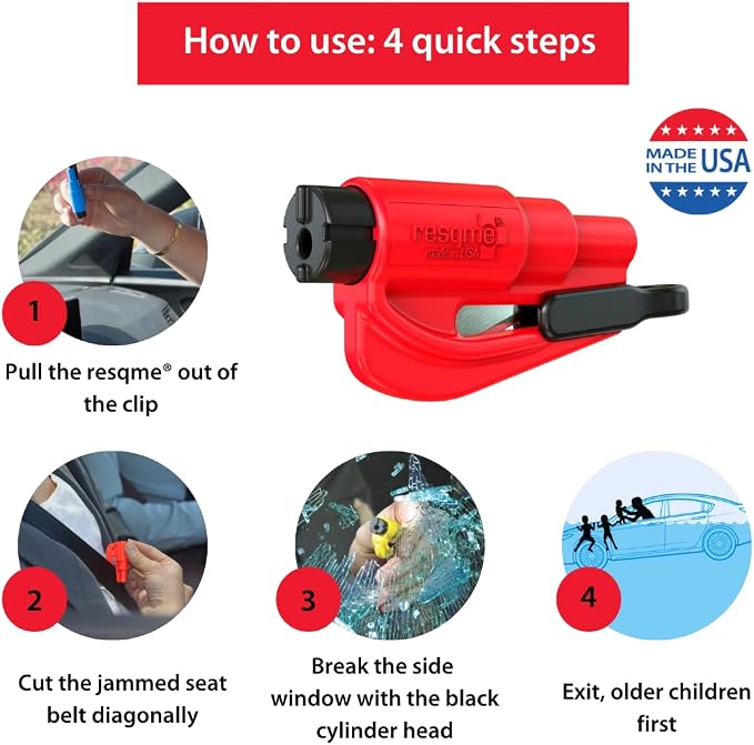 resqme The Original Emergency Keychain Car Escape Tool, 2-in-1 Seatbelt Cutter and Window Breaker, Made in USA, Family Pack of 3, Red, White, Blue - Compact Emergency Hammer