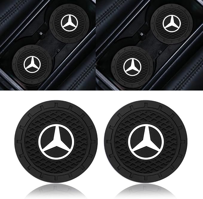 Car Coasters for Mercedes Benz Cup Holders with Logo, for AMG GT GLC GLE G C-Class S-Class E-Class GLA, Silicone Non-Slip Car Cup Holder Coasters Car Coaster Interior Accessories 2Pcs-Black 2.75''