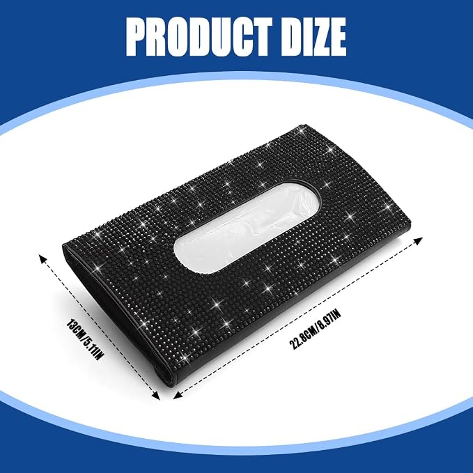 Bling Car Sun Visor Tissue Box Holder, Visor Accessories, Rhinestone PU Leather Crystal Sparkling Napkin Holder, Auto Sun Visor Paper Towel Cover Case Accessories for Most Cars (Black)