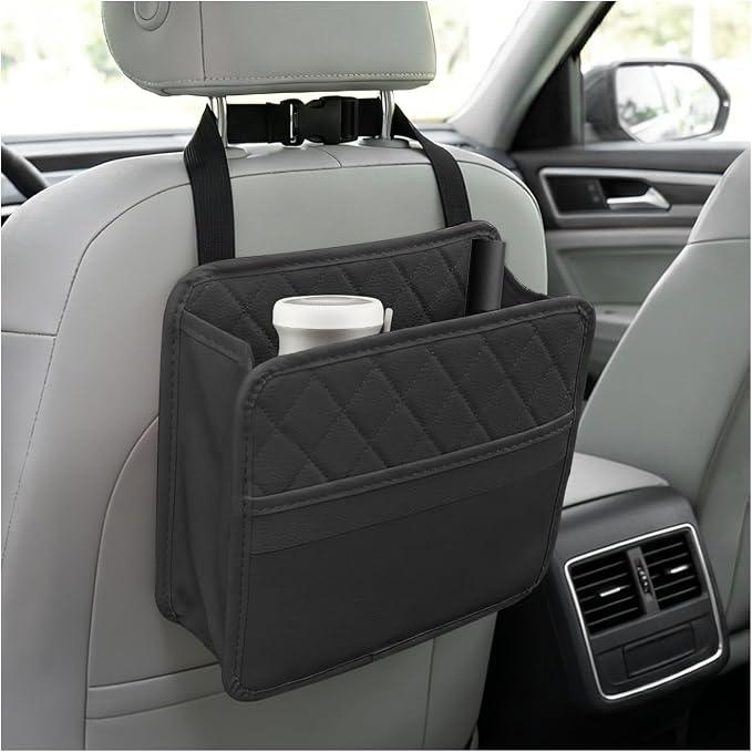 Car Seat Back Organizer, Waterproof Leather Auto Backseat Storage Pocket for Travel Essentials, Universal Multipurpose Backseat Hanging Storage Bag for Cars SUVs Trucks (Black)