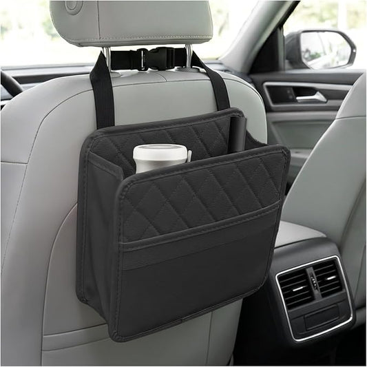 Car Seat Back Organizer, Waterproof Leather Auto Backseat Storage Pocket for Travel Essentials, Universal Multipurpose Backseat Hanging Storage Bag for Cars SUVs Trucks (Black)