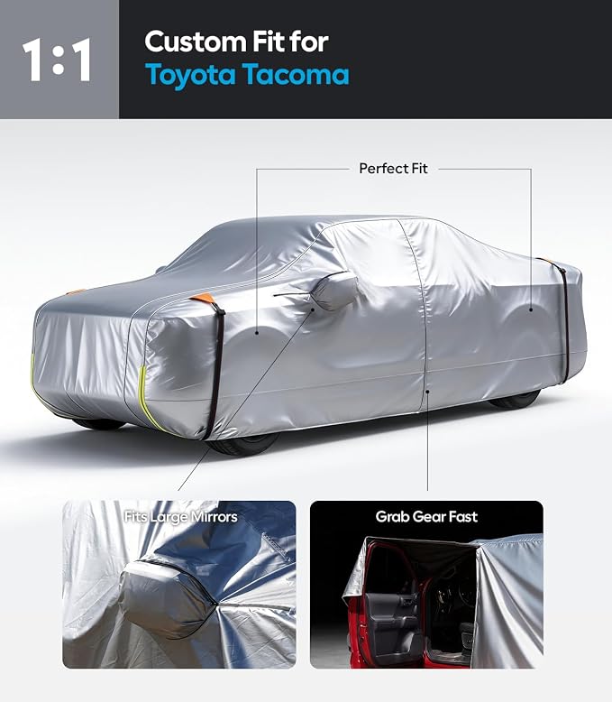 Wigoo Toyota Tacoma Car Cover 2016-2026, Custom Fit Waterproof All Weather Outdoor Full Exterior Truck Cover, Windproof UV Rain Snow Dust Protection, Paint-Safe Lining, Door Zipper, Tacoma Accessories