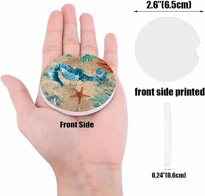 Small Car Coasters for Cup Holders 2.65" Absorbent 4 Pack Car Coaster Ceramic Stone for Drinks Absorb Water Drops Nautical Theme Sea Life Seahorse Starfish and Seaweed