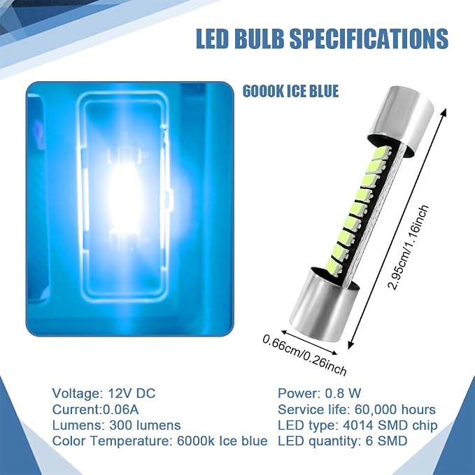 6PCS 28mm 29mm 6614F Festoon LED Car Bulb, Car Vanity Light Bulbs, Extremely Bright 9-SMD 4014 Chips LED Bulb, Car Accessories Visor Light Bulb for Vanity Mirror, Dome Light (Ice blue)