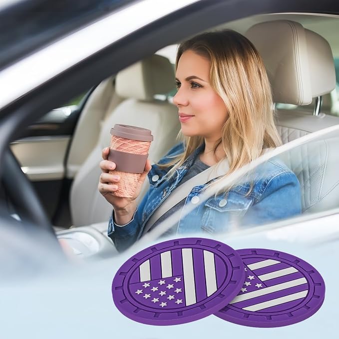 AUCELI 2 Pack Car Cup Holder Coasters, Colored American Flag US Flag Insert Car Cup Coaster, 2.75 Inch Anti Slip Shockproof Embedded Drink Mat, Vehicle Interior Decor Accessories