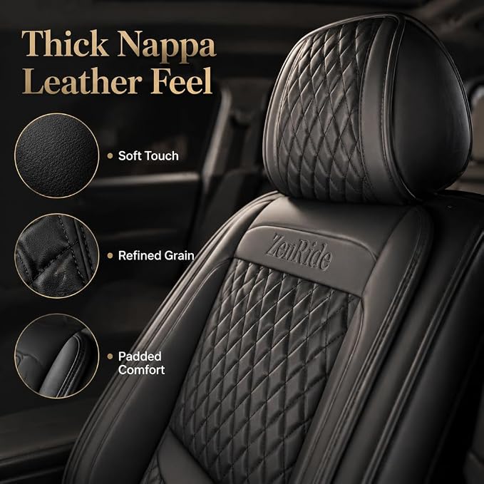 Black Thick Nappa Leather Automotive Front Car Seat Covers Set of 2 | Univerasal Precision Fit,Lumbar Support,3D Contoured,Semi Coverage,Waterproof,ThickTexture,for most Suvs Trucks Sedans