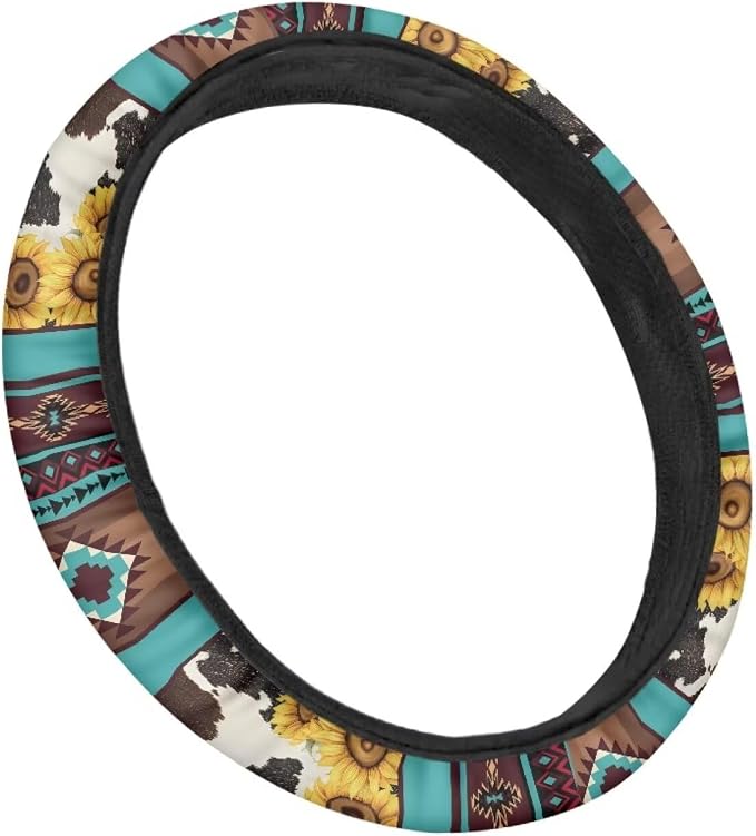 Wanyint Aztec Sunflower Cow Print Blue 15 Inches Car Steering Wheel Covers Universal Auto Accessories Car Interior Decoration for Women Men