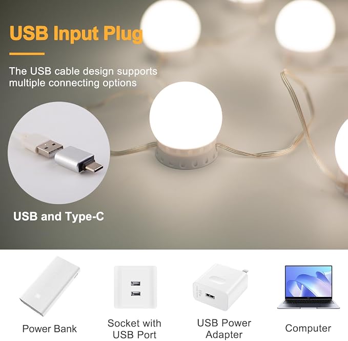 LED Vanity Lights for Mirror, High Brightness LED Chip, Hollywood Style Vanity Light with 14 Dimmable Bulbs, Adjustable Color & Brightness, USB Cable, Mirror lights for Makeup, lighting and Decoration