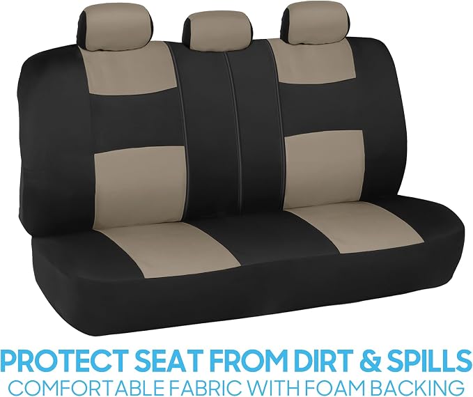 BDK PolyPro Car Seat Covers Full Set in Light Beige on Black, Front and Rear Split Bench Seat Covers for Cars, Easy to Install Car Seats Cover Set and Accessories for Auto Trucks Van SUV - Light Beige