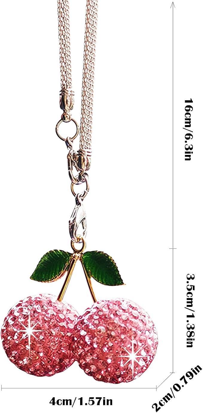 Bling Cherry Car Hanging Ornament, Cute Crystal Rear View Mirror Pendant, Sparkly Diamond Rearview Mirror Charms, Lucky Car Interior Decor Accessories (Pink)