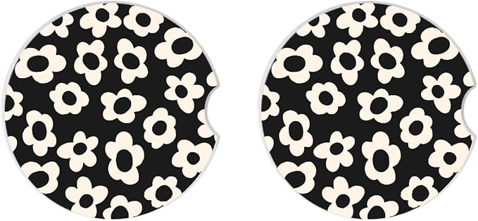 Absorbent Car Coasters 2 Pack for Cup Holders, 2.56" Ceramic Stone & Non-Scratch Cork Base Drink Coasters(White Flower)