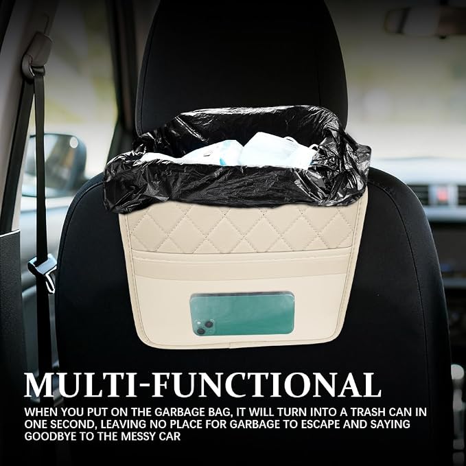 Car Seat Back Organizer, Car Organizers and Storage, PU Leather Vehicle Backseat Hanging Storage Pocket, Multipurpose Auto Organizer Hanging Universal for Most Vehicles (Beige)