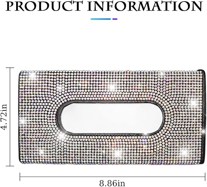 Bling Car Sun Visor Tissue Box Holder, Rhinestone PU Leather Crystal Sparkling Napkin Holder, Backseat Paper Towel Cover Case Car Accessories for Women (Multicolor)