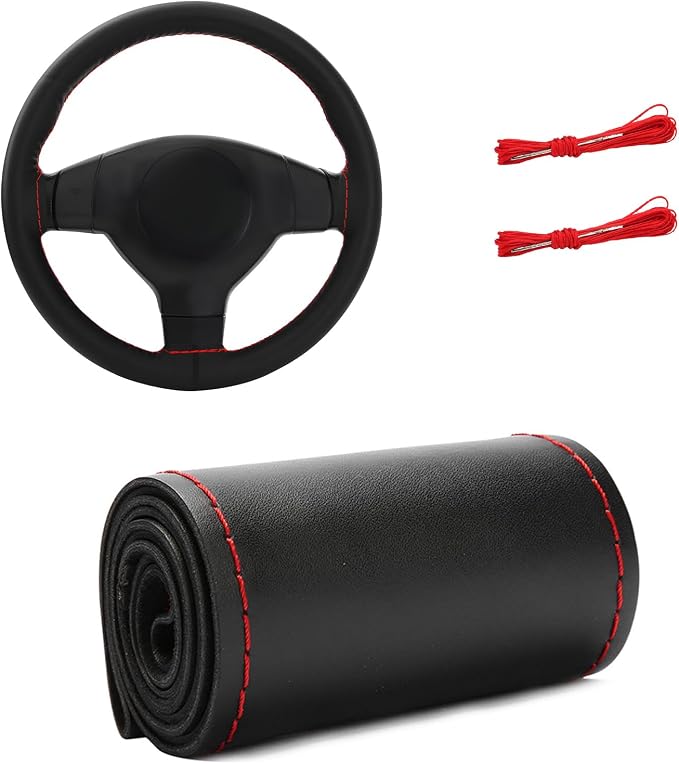 Genuine Leather Steering Wheel Cover, 15 Inch Stitch on Steering Wheel Protector with Needle & Thread, Anti-Slip DIY Sewing Wheels Wrap for Most Vehicles (Black & Red, Glossy)