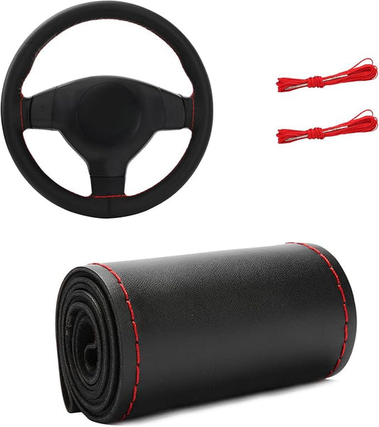 Genuine Leather Steering Wheel Cover, 15 Inch Stitch on Steering Wheel Protector with Needle & Thread, Anti-Slip DIY Sewing Wheels Wrap for Most Vehicles (Black & Red, Glossy)