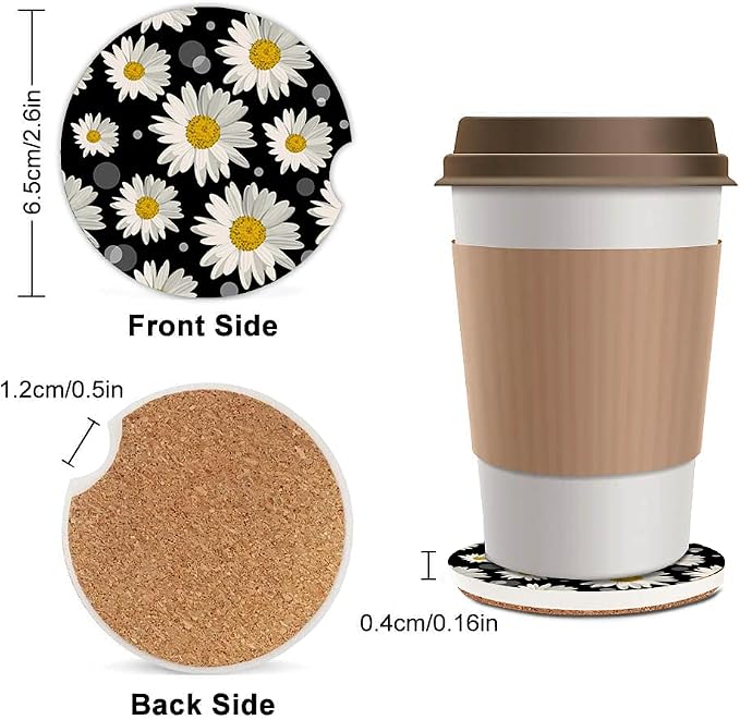 2 Pack Absorbent Car Coasters for Cup Holders,White Daisy Design Ceramic Coasters with Cork Back and Finger Slot,Cupholder Accessories to Keep Your Car Cup Holders Clean and Dry 2.56"