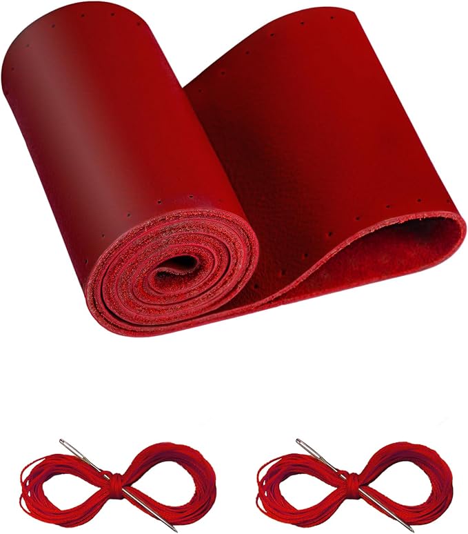 BELINOUS Leather Steering Wheel Cover Lace Up, Stitch on Steering Wheel Wrap, Universal Fit 13-20 Inch Car Truck Pickup Boat, A Whole Piece of Cowhide, DIY w/Needle Thread (Size XXL1, Red)