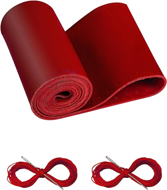BELINOUS Leather Steering Wheel Cover Lace Up, Stitch on Steering Wheel Wrap, Universal Fit 13-20 Inch Car Truck Pickup Boat, A Whole Piece of Cowhide, DIY w/Needle Thread (Size M2, Red)