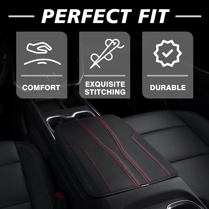 Muslogy Center Console Armrest Cover Fit for GMC Acadia & Chevrolet Chevy Traverse 2024-2026 Accessories, Comfort Armrest Pad Console Lid Cushion Vegan Leather Regular Thick (Black/White Trim)