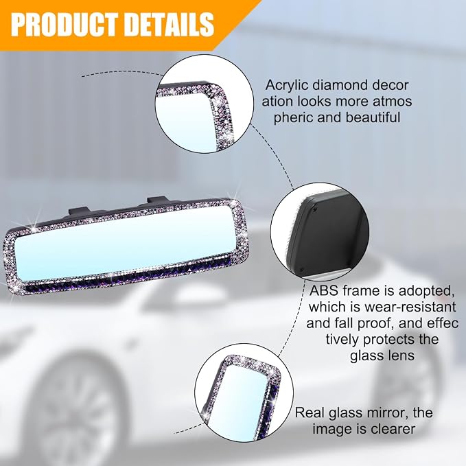 Osilly Bling Car Rearview Mirror, Decorations Rear View Mirror with Crystal Rhinestones & Diamonds, Car Interior Trim Accessories, Clip-on & HD Glass, Sparkly Gift (Purple)