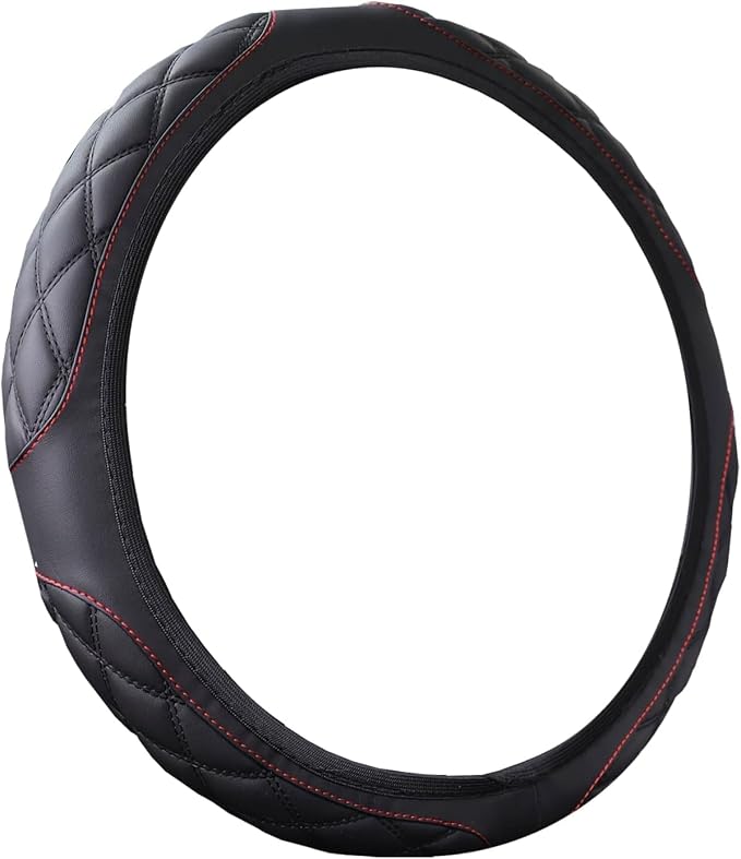 15 Inch Car Leather Steering Wheel Cover, Automotive Accessories Elastic Breathable Anti-Slip Soft Wheel Protector Fits Men and Women, Suitable for SUVs, Trucks, Vehicles and RVs (Black-1)
