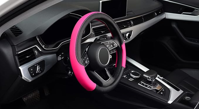 LABBYWAY Steering Wheel Cover, Universal Fit 15 Inch Microfiber Leather Car Wheel Protector, Anti-Slip, Pink