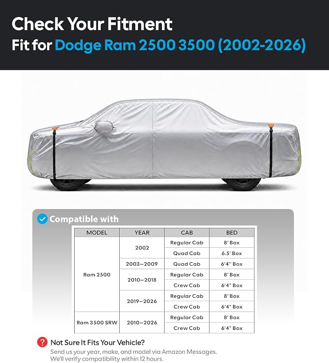 Wigoo Dodge Ram 2500 3500 Truck Car Cover Accessories, Custom Fit Waterproof All Weather Outdoor Pickup Cover, Windproof UV Rain Snow Dust Protection, Door Zipper, Reflective Strips, Breathable Design