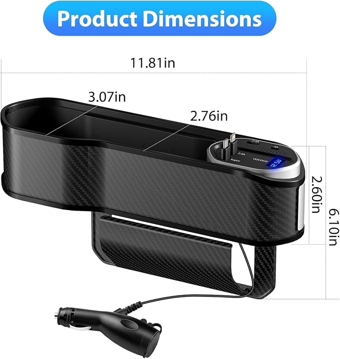 5 in 1 Car Seat Gap Filler Organizer with Wireless Charger | Cup Holder, Cigarette Lighter, Retractable Charging Cords, iOS Type-C USB Port, Fast Charge Storage Box