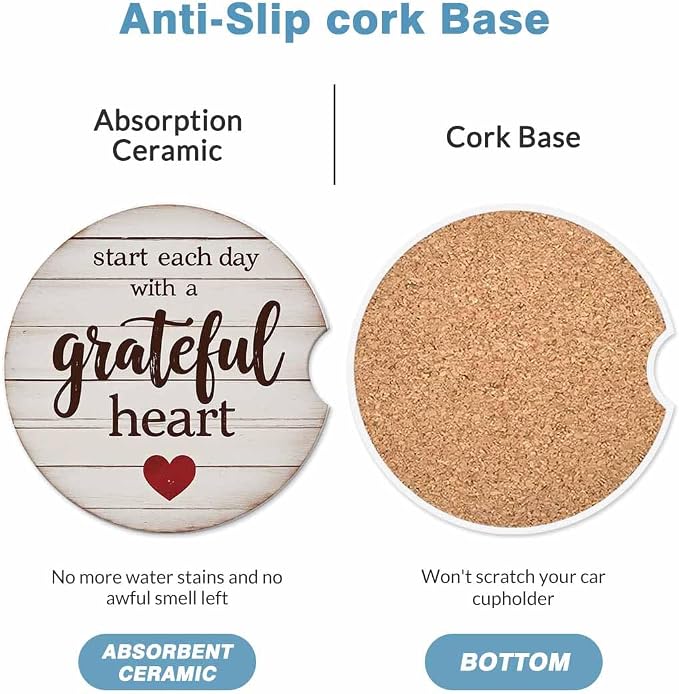 Inspirational Quotes Car Coasters for Cup Holders Car Cup Holder Coasters 2 Pack for Car, Anti Slip Ceramic Car Cup Mat with Finger Notch Cute Car Interior Accessories for Women Men
