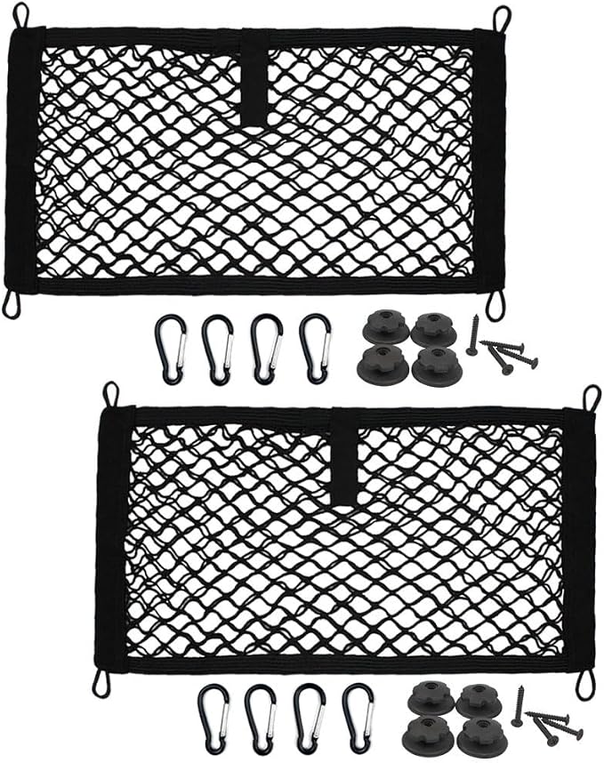 [2 Pack], JAVOedge Storage Stretchable Mesh Pocket Net for Car, Trunk, RV, Boats, Home with 8 PCS Mounting Screws and Built-in Hooks
