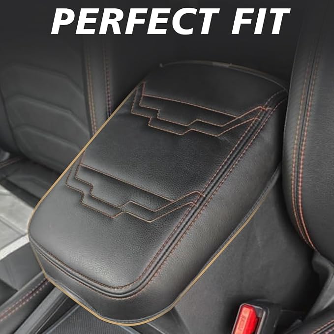 Muslogy Center Console Armrest Cover Fit for Nissan Frontier 2022-2025 2026 Accessories, Comfort Armrest Pad Console Lid Cushion Protector Vegan Leather Regular Thick (V2 Orange Trim)