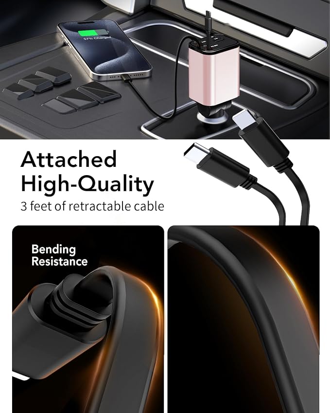 84W Retractable Car Charger,Car Phone Charger USB C Fast Charge for iPhone | EloBeth Car Charger,Cigarette Lighter USB Charger Car Accessories,Road Trip Essentials Gift for Men,for iPhone 17/16,Galaxy