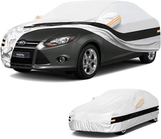 10 Layers Car Cover Custom Fit for Ford Focus Sedan (2010-2026), Waterproof All Weather for Automobiles, Outdoor Full Cover Sun Dust Rain Protection with Cotton. Silver