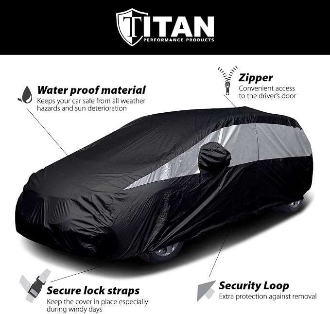 Titan Jet Black Poly 210T Car Cover for Hatchbacks 165-181". Waterproof, UV Protection, Scratch Resistant, Driver-Side Zippered Opening. Fits Prius, Focus, Civic and More.