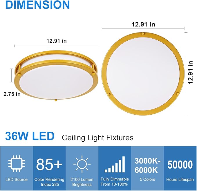 DLLT Flush Mount LED Ceiling Light: 13 Inch 5CCT (3000K-6000K) & Dimmable Ceiling Light Fixtures for Bedroom Hallway - 24W Modern Gold Super Bright Kitchen Lighting Fixtures Ceiling