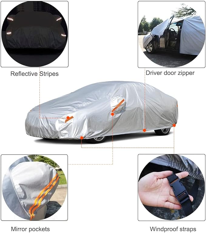 Kayme Sedan Car Cover Waterproof All Weather (186 to 193 Inch) | Protects cars from outdoor UV exposure, blocks blowing dust and wind, breathable lightweight material, easy storage
