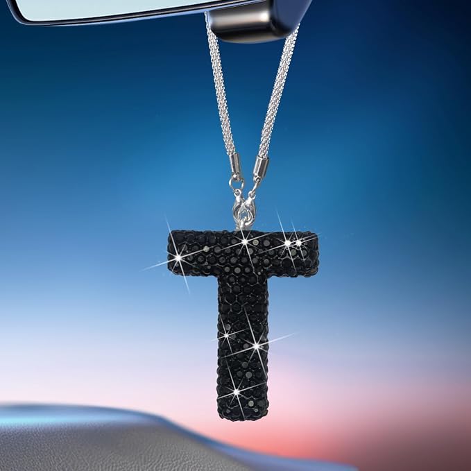 Letter T Bling Black Car Accessories Interior for Women, Interior Charm Rear View Mirror Cute Crystal Pendant Car Decorations for Men, Lucky Gifts Diamond Rhinestone