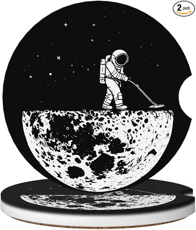Ceramic Car Cup Coasters 2PCS - Moon Vacuum Cleaner | with Cork Back & Finger Slot, Anti-Slip Shock Absorbing, Universal Car Interior Accessories for Men Women