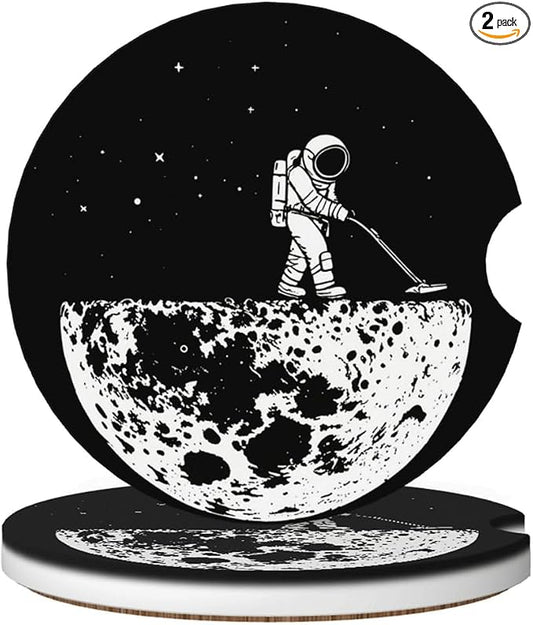 Ceramic Car Cup Coasters 2PCS - Moon Vacuum Cleaner | with Cork Back & Finger Slot, Anti-Slip Shock Absorbing, Universal Car Interior Accessories for Men Women