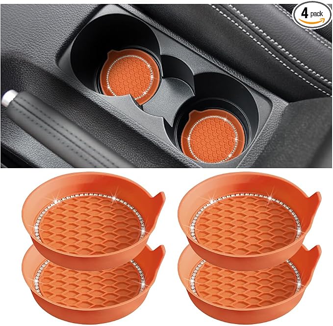 4PCS Bling Car Cup Holder Coaster, Crystal Rhinestone Insert Dustproof Non-Slip Drink Cup Mat, Diamond Shockproof Auto Interior Water Bottle Pad Cushion Coaster, Universal Fit (Orange Red)
