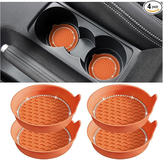 4PCS Bling Car Cup Holder Coaster, Crystal Rhinestone Insert Dustproof Non-Slip Drink Cup Mat, Diamond Shockproof Auto Interior Water Bottle Pad Cushion Coaster, Universal Fit (Orange Red)