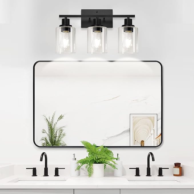 MOKATNG 3-Light Bathroom Light Fixtures, Vanity Light with Clear Glass Shades, Matte Black Bathroom Light Fixtures Over Mirror, Modern Bathroom Wall Lamp for Mirror Living Room Cabinet Bedroom