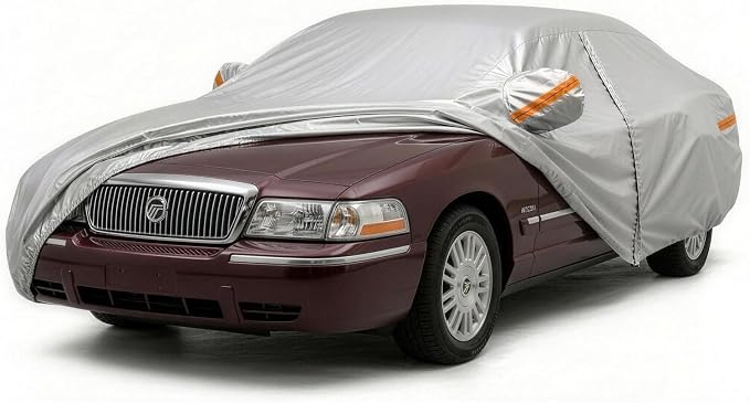 Large Sedan Car Cover Waterproof Outdoor, 6 Layers Heavy Duty Universal Fit for Lincoln Town Car, Cadillac DeVille, Ford Crown Victoria, Mercury Grand Marquis, Length 215 Inches