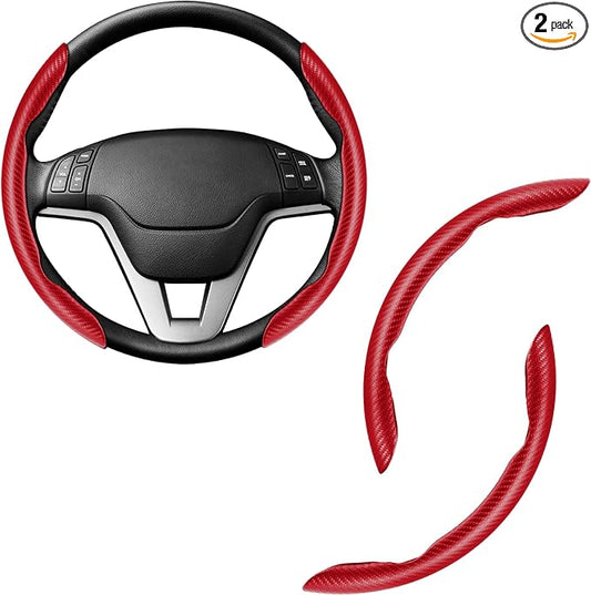 Amiss 2pcs Carbon Fiber Anti-Skid Steering Wheel Cover, Waterproof & Segmented Butterfly Design, Universal 99% Vehicle Wheel Cover Protector, Car Interior Accessories (Red-2pcs)