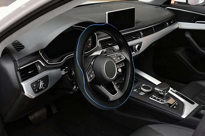 LABBYWAY Microfiber Leather Steering Wheel Cover, Universal 14.5-15 Inch Steering Wheel Anti Slip Car Interior Accessories for Men Women (Black with Blue Line)