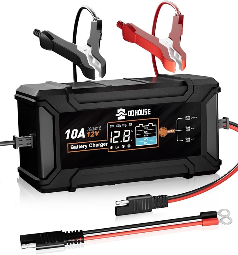 DC House 12V 10A LiFePO4 Battery Charger, Smart Trickle Charger Fully Automatic Maintainer Desulfator for Lead-Acid & LiFePO4 Batteries Car Motorcycle Truck Lawn Mower